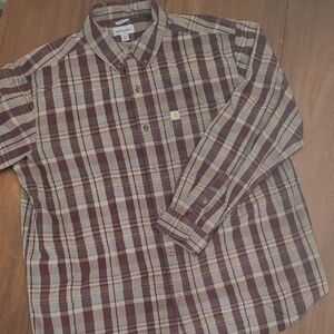 CARHARTT Men's 2XL Plaid LS Shirt Button Down Casual- Brown Maroon